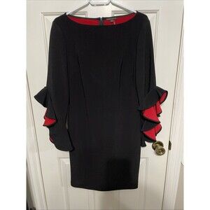 Alberto Makali Dress Women’s 8 Black Red Ruffle Sleeve LBD Classy Knee Length